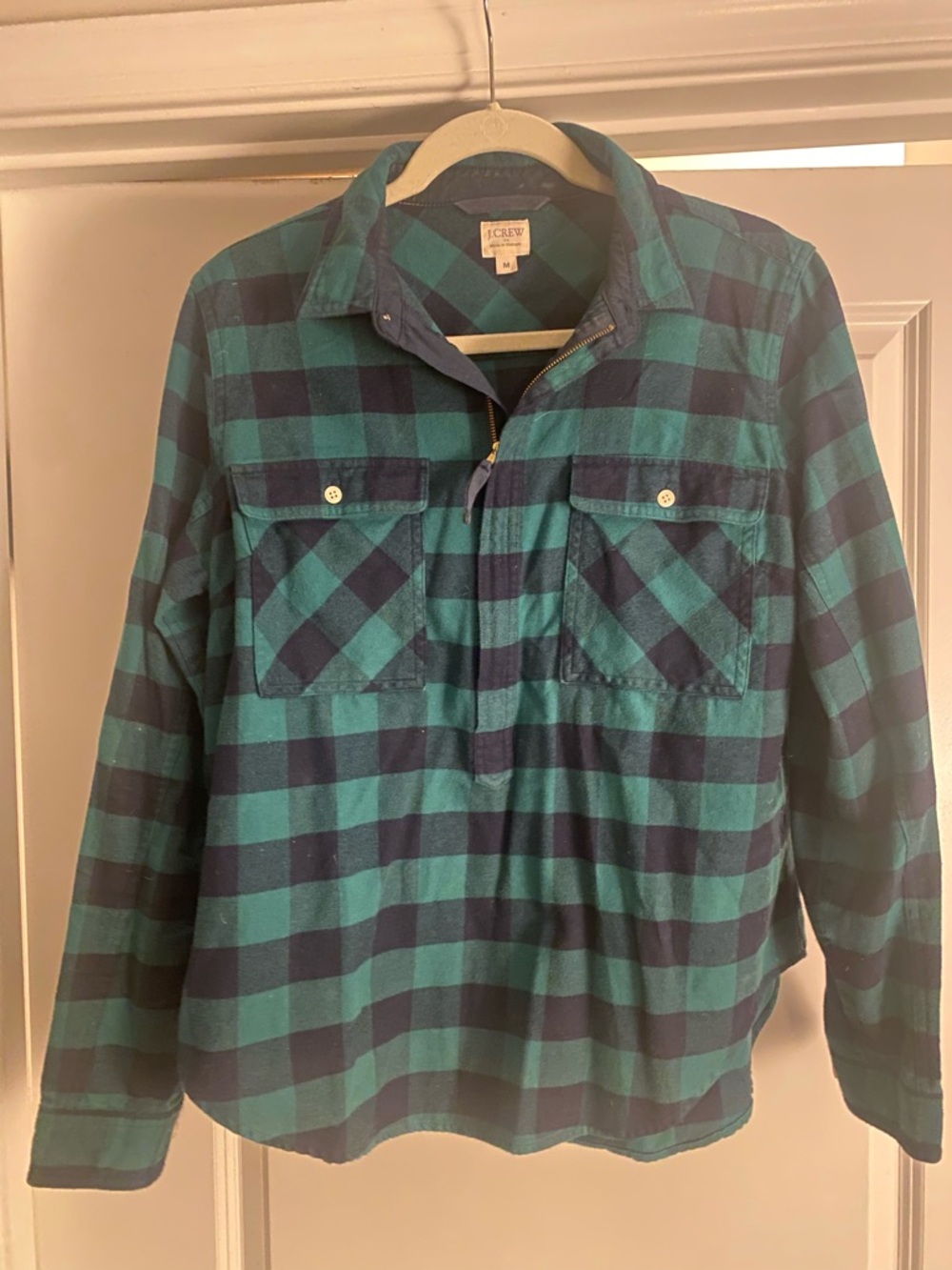 J. Crew Green and Navy Plaid Quarter Zip Shirt